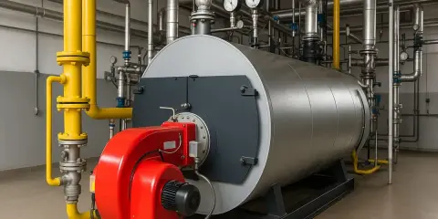 Gran caldera de vapor industrial con quemador rojo y tuberías amarillas.