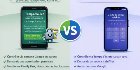 Scénario 1 : Android avec Google Family Link, un équivalent familial pour iPhone gratuit. Scénario 2 : iPhone avec Temps d'écran.