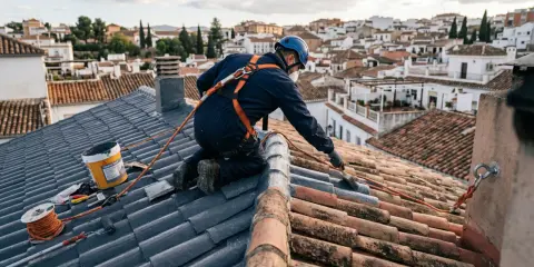 Trabajador realiza impermeabilización de tejados con equipo de seguridad, aplicando producto sobre tejas.