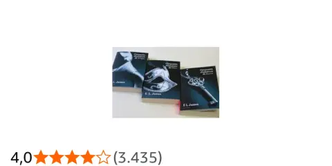 I tre libri della saga "Cinquanta sfumature", quale il primo, con copertine iconiche: un corsetto, una maschera e una chiave.