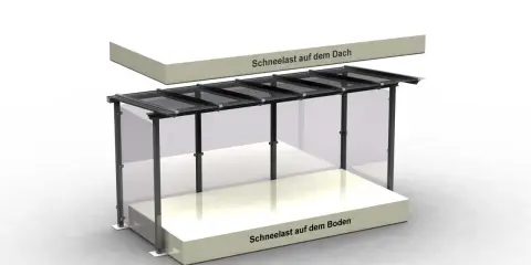 Eine Bushaltestelle mit Glaswänden und einem Dach, das die Schneelastzone 3 zeigt.