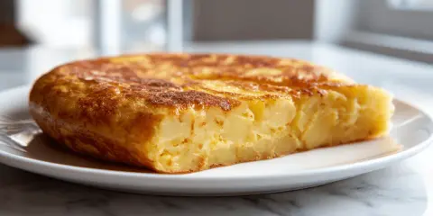 Złocista tortilla z airfryer, pyszna i prosta w przygotowaniu, z widocznymi kawałkami ziemniaków.