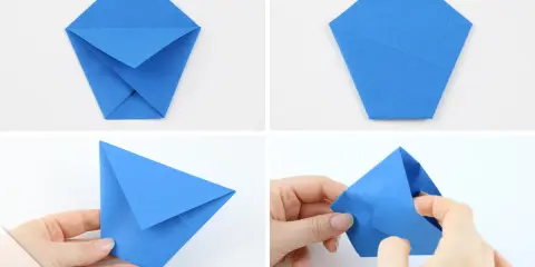 Schritt-für-Schritt-Anleitung zum **becher falten** aus blauem Papier. Hände formen die Origami-Schritte.