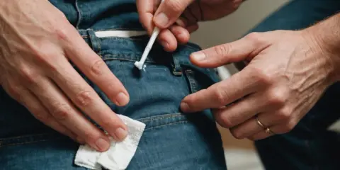 Ręce próbują usunąć super glue z dżinsów za pomocą patyczka i chusteczki. Dowiedz się, jak usunąć super glue z ubrania.