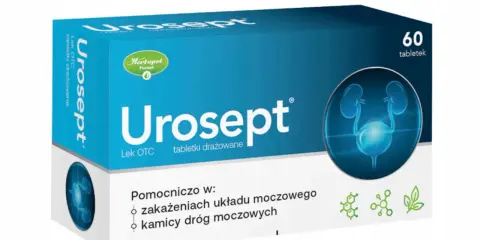 Opakowanie leku Urosept z grafiką układu moczowego i informacją o 60 tabletkach.