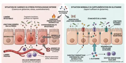 En cas de carence en glutamine, l'intestin devient perméable. L'apport de glutamine maintient l'intégrité intestinale et soutient le système immunitaire.