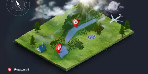 Trójwymiarowa mapa z zaznaczonymi punktami A i B na tle słonecznego krajobrazu z samolotem. To wizualizacja dla rogoźnik zalew.