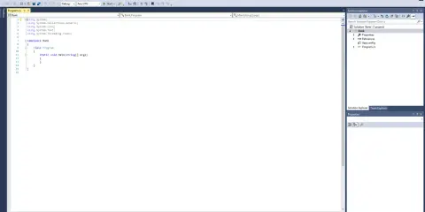Kod C# w Visual Studio, tworzenie projektu "Bank". Widoczny jest plik Program.cs z pustą metodą Main, gotowy na implementację logiki, np. c# event handler.