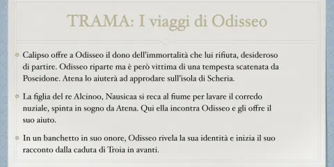 Riassunto: Odisseo rifiuta l'immortalità, affronta tempeste e incontra Nausicaa. Racconta la sua odissea.