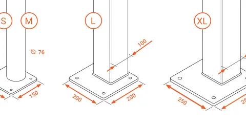 Diagrama muestra pilares S, M, L, XL con dimensiones de base y altura. La distancia entre pilares varía según el tamaño.