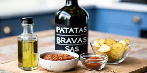 Ingredienser för patatas bravas recept: en flaska patatas bravas sås, olivolja, två skålar med sås och en skål med potatis.
