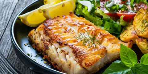 Idealny wybór, co do ryby na obiad: soczysty filet rybny z chrupiącymi ziemniaczkami, świeżą sałatką i cytryną.