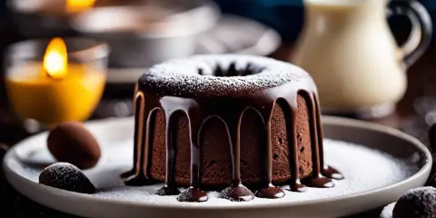 Un délicieux fondant au chocolat, nappé de glaçage et saupoudré de sucre glace, prêt à être dégusté.