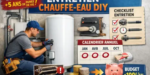 Un technicien effectue l'entretien d'un chauffe-eau. Un calendrier et une liste de contrôle suggèrent un entretien régulier pour éviter les pannes et économiser.