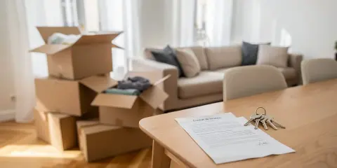 Clés et contrat de location sur une table en bois, cartons de déménagement empilés. Un nouveau départ dans une zone tendue.
