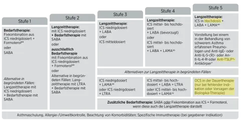 Leitlinie Asthma bronchiale: Stufenweise Therapie von Stufe 1 (Bedarfstherapie) bis Stufe 5 (schweres Asthma) mit Medikamenten wie ICS, LABA, LAMA.