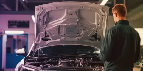 Meccanico osserva il motore aspirato, capendo il suo significato e funzionamento.