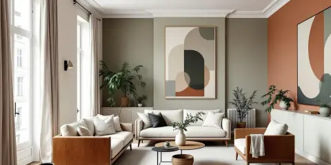 Salon moderne avec canapés blancs, meubles en bois, plantes vertes et un grand tableau abstrait sur un mur blanc.