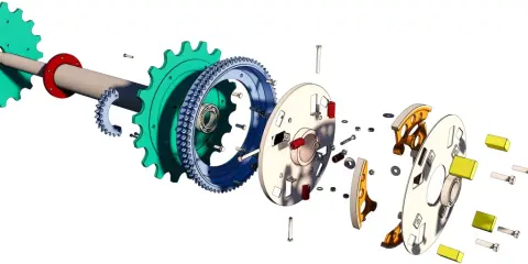 Componenti di un sistema di trasmissione, con ingranaggi, molle e bulloni, frutto di un'accurata progettazione meccanica 3D.