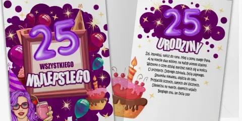 Wesołe kartki z życzeniami na 25 urodziny: fioletowe balony, tort i dziewczyna z drinkiem.