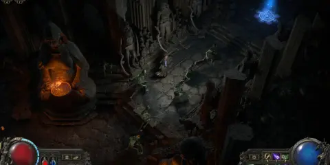Postać walczy z szkieletami w mrocznej lokacji, przypominającej ruiny. To scena z Path of Exile 2.