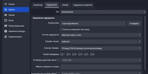 Ustawienia nagrywania wideo: ścieżka pliku, format .mkv, enkoder AOM AV1, dźwięk FFmpeg PCM, rozdzielczość 1920x1080, czyli **full HD jaka to rozdzielczość**.