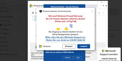 Fake Virus Meldung: Windows-Sicherheitscenter warnt vor Trojaner-Spyware. Um diese gefälschte Meldung zu entfernen, rufen Sie den Support unter 038305 8946 66 an.