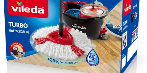 Pudełko mopa obrotowego Vileda Turbo z białą końcówką i czarnym wiadrem.