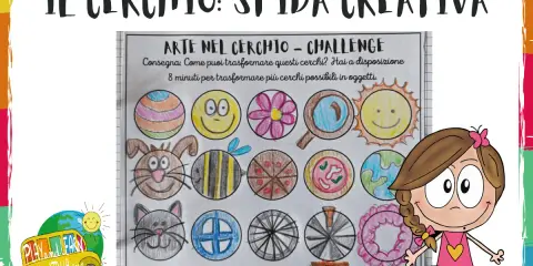 Attività di didattica multimediale: disegni creativi di cerchi trasformati in oggetti, come un sole sorridente, un gatto e un'ape.