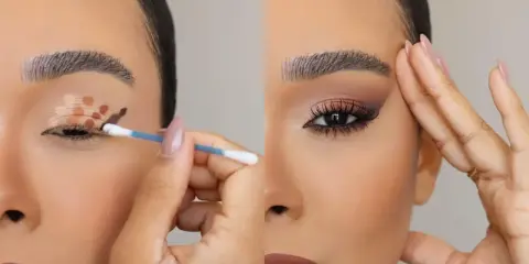 Tutorial: ombretto come metterlo. Un occhio con base e puntini marroni, l'altro con trucco sfumato e ciglia finte.