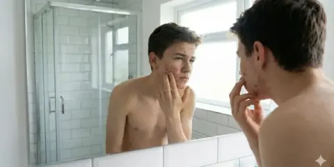 Un adolescent examine son visage dans le miroir, préoccupé par son acné.