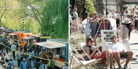 Folkmyller vid Mariatorget loppis med matvagnar och klädhyllor. Soliga dagar lockar många besökare.