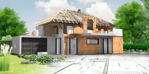 Przed zakupem działki sprawdź jej potencjał budowlany. Wizualizacja domu w przekroju na tle planów architektonicznych.