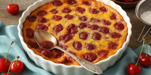 Clafoutis aux cerises, tout juste sorti du four. La cuisson chaleur tournante ou traditionnelle a donné cette belle couleur dorée.