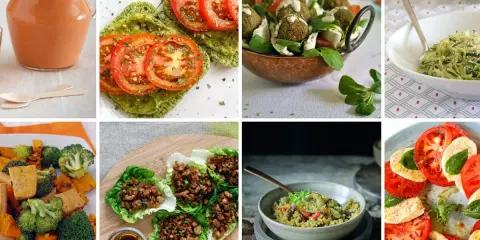 Variedad de comidas bajas en carbohidratos: gazpacho, tostadas de aguacate, falafel, pasta de calabacín, ensalada caprese, y más.
