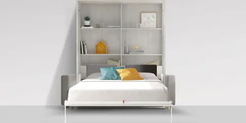 Cama abatible con estanterías. Estas camas que se levantan son perfectas para optimizar el espacio en cualquier habitación.
