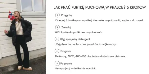 Kobieta z flagą Norwegii pokazuje, jak prać kurtkę puchową w pralce. Instrukcja krok po kroku.
