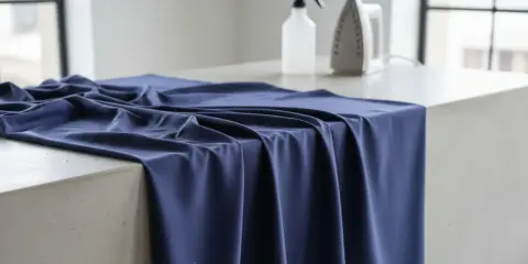 Mörkblå viskos draperad över en betongyta, med en sprayflaska och ett strykjärn i bakgrunden. Perfekt för att stryka viskos.