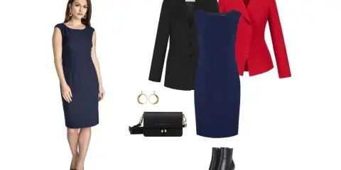 Jaka sukienka do granatowego garnituru? Elegancka granatowa sukienka, czarna marynarka, czerwona marynarka, torebka i buty.