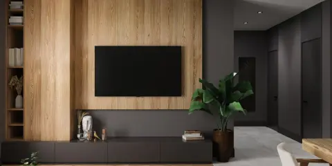 Nowoczesna ściana za telewizorem z drewnianymi panelami i minimalistyczną szafką.