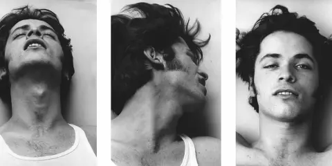 Peter Hujar: Love and Lust. A triptych of a young man's face and neck, captured in moments of vulnerability and raw emotion.