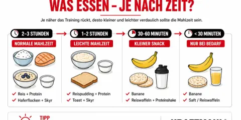 Pre-Workout-Mahlzeiten: Reis, Haferflocken, Bananen, Reiswaffeln – je nach Zeit vor dem Training.