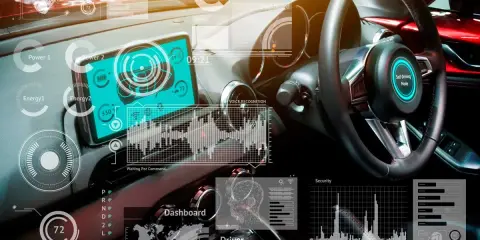 Interior de coche futurista con pantalla táctil mostrando datos de energía y mapa. El volante tiene un modo de conducción autónoma activado, indicando la tecnología **can bus** en acción.