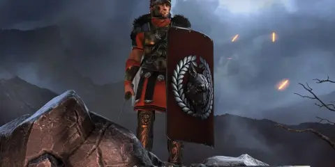 Rzymski legionista z tarczą w kształcie wilka, gotowy do walki w **Total War Arena**. Na niebie płoną pochodnie.