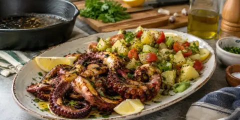 Délicieux poulpe au barbecue, grillé à la perfection, servi avec une salade de pommes de terre, tomates et câpres. Un vrai régal !