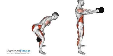 Anatomische Darstellung eines Mannes, der Kettlebell schwingen ausführt. Die Muskeln sind hervorgehoben.