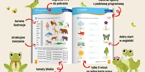 Kolorowe karty pracy z ćwiczeniami o zwierzętach i parkach po angielsku.