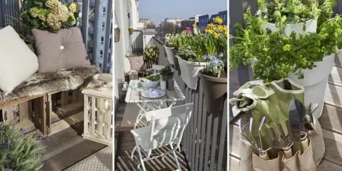 Idee per arredare un balcone stretto e lungo: seduta in pallet, tavolino pieghevole, fiori e attrezzi da giardinaggio.
