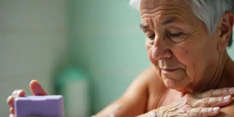 Kobieta z siwymi włosami używa fioletowego mydła, szukając sposobu, jak się pozbyć zapachu starszej osoby.