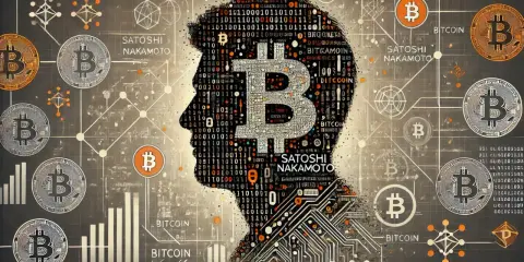 Sylwetka głowy wypełniona kodem binarnym i symbolem Bitcoina, z napisem "Satoshi Nakamoto" i monetami Bitcoin.